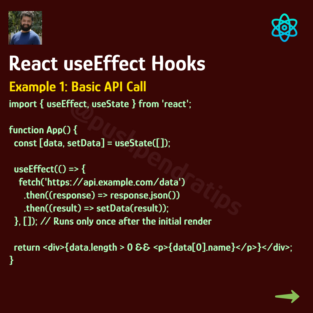 pushpendratips's tweet photo. React useEffect Hooks👨💻
Example 1: Basic API Call
#ReactHookTutorial #useEffectInReact
#ReactDevelopment #LearnReact https://t.co/yXOzuIYlXj
