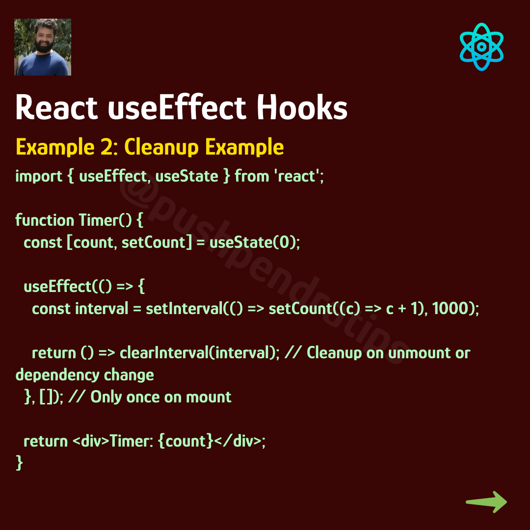 pushpendratips's tweet image. React useEffect Hooks👨💻
Example 2: Cleanup Example
#ReactuseEffect #useEffectReact
#ReactHooks #ReactJS