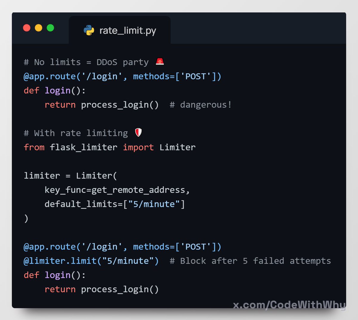 CodeWithWhy's tweet image. Rate Limiting: Your API&apos;s Bouncer

Pro tip: Always rate limit auth endpoints!

#CodeWithWhy #Security #Python