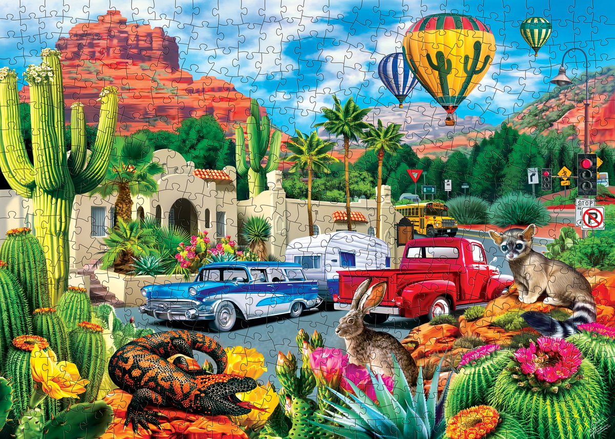Am I the only one who wants to see a gila monster in person? 🤔 
✨NEW✨ Roadsides of the Southwest - Hot Air &amp; Cool Cars 500 Piece
🛍️ Shop this collection and more on our website bit.ly/3A7DI80
#puzzlegram #puzzlecommunity #puzzlelover #jigsawpuzzle