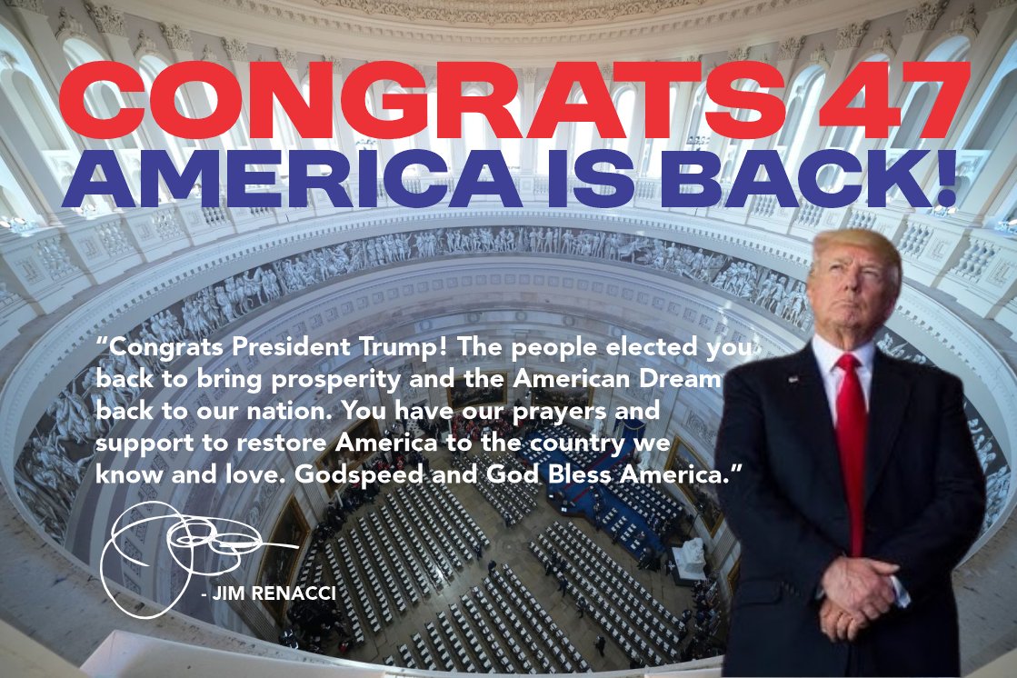 JimRenacci's tweet image. Congrats President @realDonaldTrump ! The people elected you back to bring prosperity and the American Dream back to our nation. You have our prayers and support to restore America to the country we know and love. Godspeed and God Bless America.