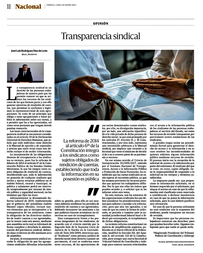 La transparencia sindical es un derecho clave que refuerza la confianza y fomenta la participación activa de las y los trabajadores en sus sindicatos. Garantiza que conozcan la administración de los recursos y las acciones realizadas, promoviendo rendición de cuentas y