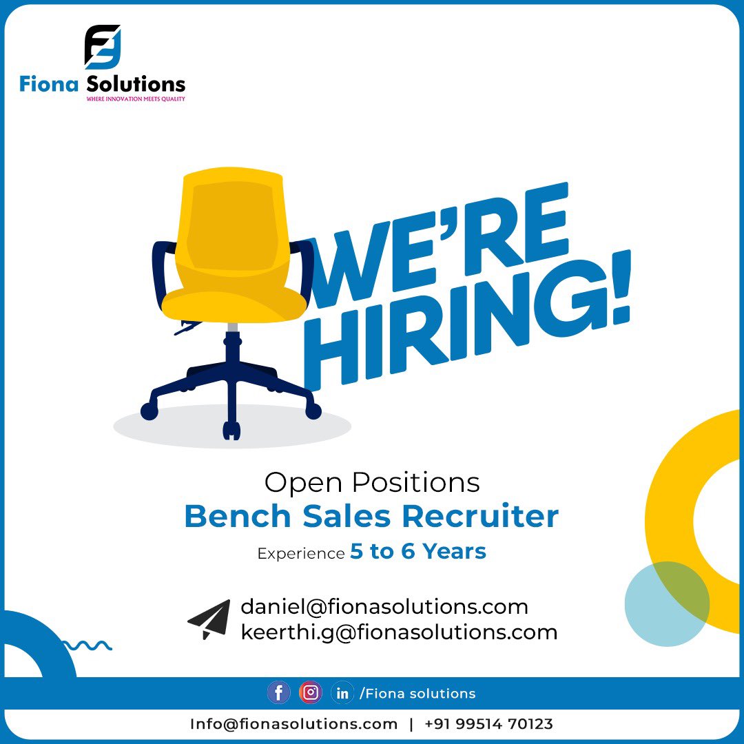 FionaSolutions's tweet image. About the Role: Bring your expertise in bench sales and recruitment to help us drive innovation and quality across global staffing solutions.

📧 How to Apply:
Email your updated resume to:
👉 daniel@fionasolutions.co
👉 keerthi.g@fionasolutions.com
📞 Contact Us: +91 99514 70123