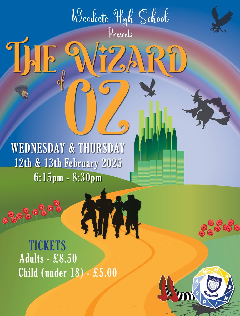 "We're off to see the wizard!" 🌈👠 

Join us for our school production of 'The Wizard of Oz!' 🏚️🌪️🦁🤖 

🗓️ | Wednesday 12th &amp; Thursday 13th February 2025
⌚️ | 6:15 PM - 8:30 PM
🎟️ | Available now on ParentPay

Don’t miss out! #WeAreWoodcote #WizardOfOz