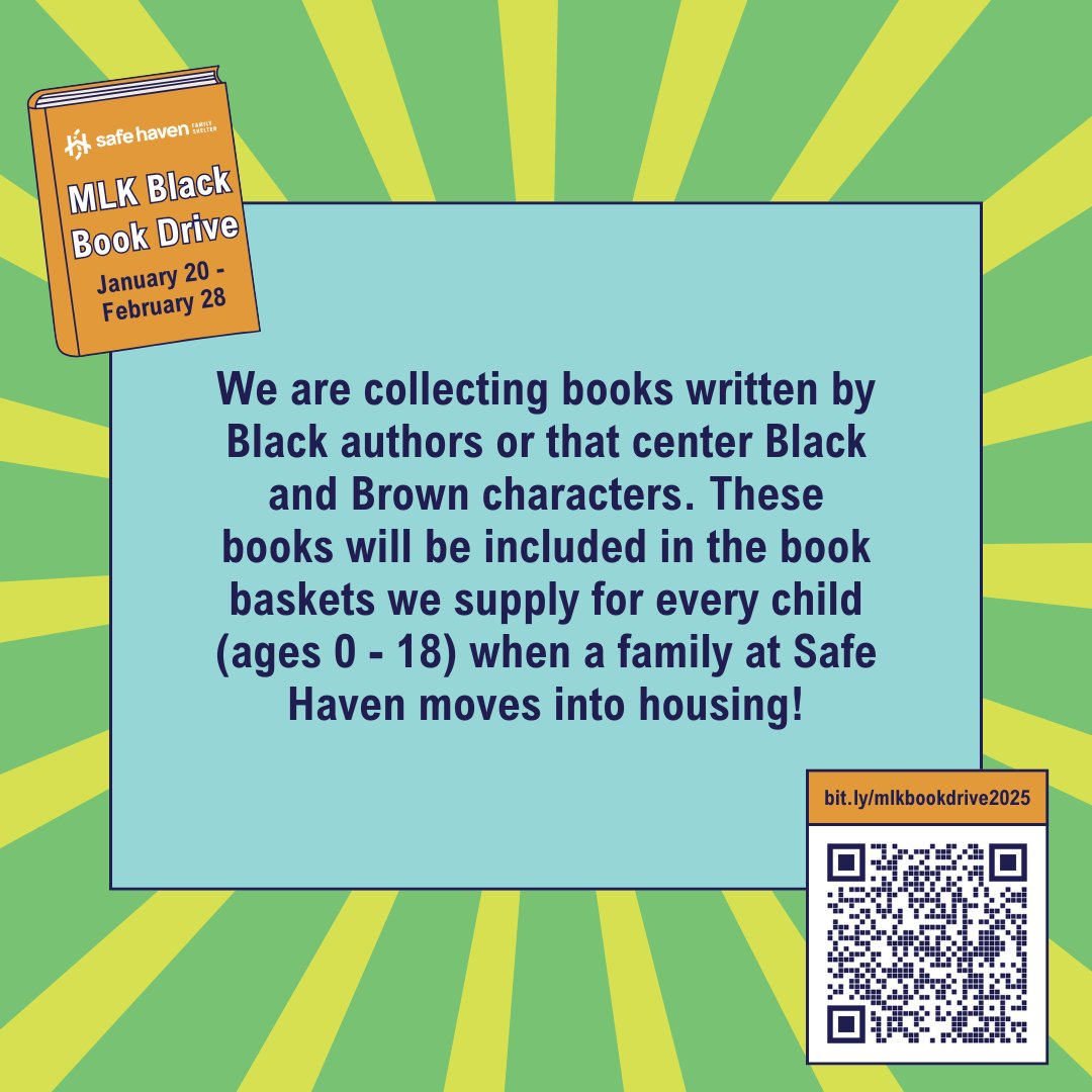 SafeHavenTN's tweet photo. Our annual MLK Black Book Drive kicks off today! January 20 - February 28, help us collect books by Black authors centering Black and Brown characters for kids moving into housing!
Visit https://t.co/GjMpekxtST to purchase books from our Amazon wishlist or donate funds for books. https://t.co/MueguJMFkh
