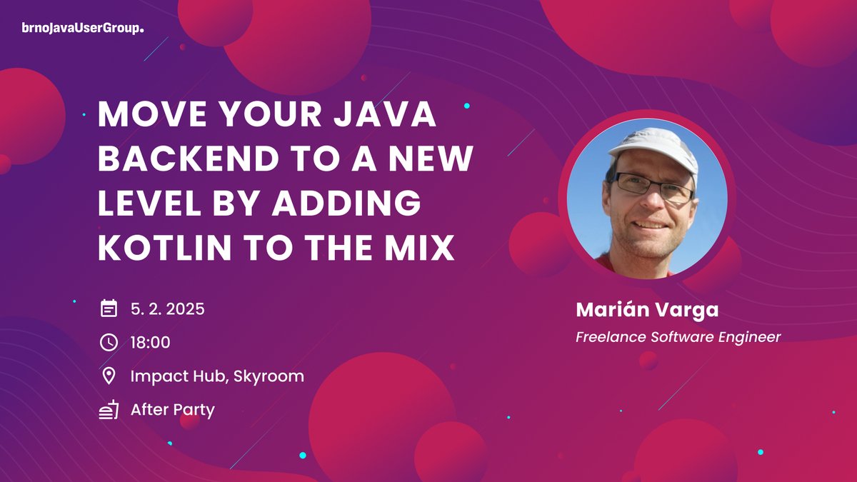 #bJUG talk announcement!

Move your Java backend to a new level by adding Kotlin to the mix

Speaker: Marián Varga (Freelance Software Engineer)
When: 5. 2. 2025 18:00
Where: @impacthubbrno Skyroom
Language: English
Online: youtube.com/watch?v=7P7B5M…

meetup.com/brno-java-meet…