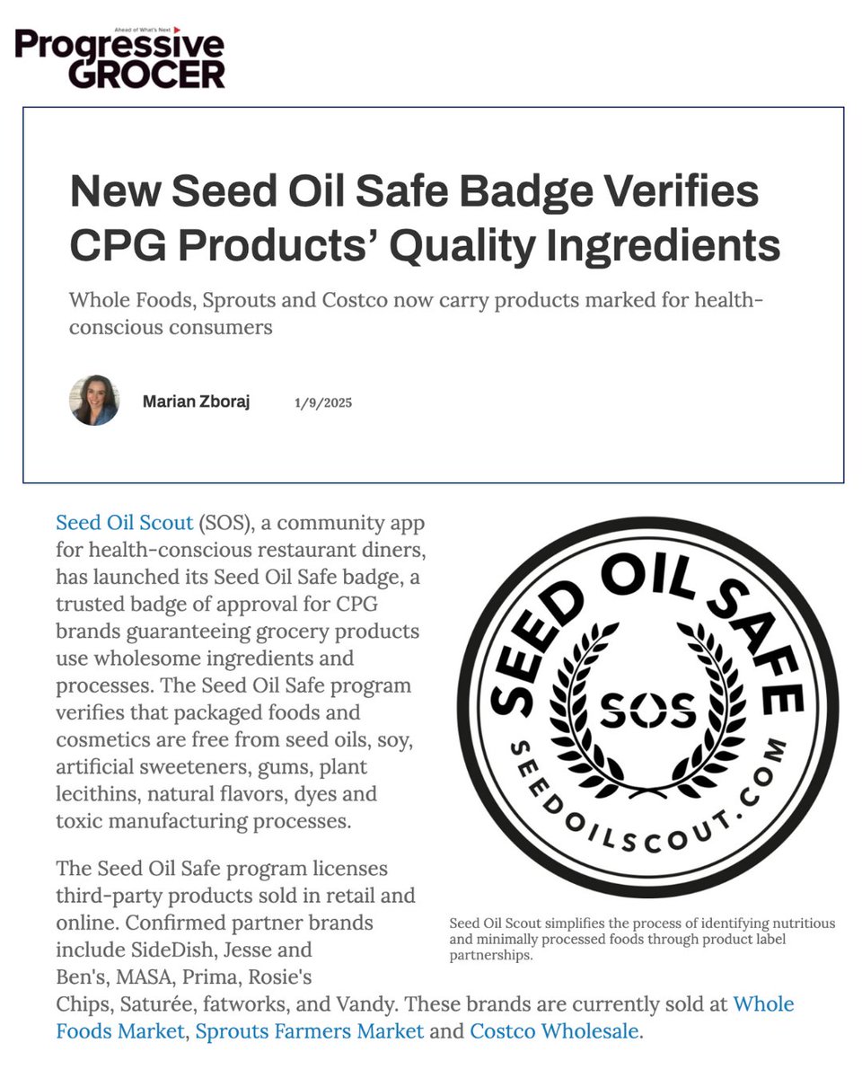 Coming to Costco, Whole Foods and Sprouts near you, when you see the badge, you can skip the ingredients label. 

Seed Oil Safe foods are free from the following:
- Seed oils
- Soy
- Natural flavors
- Artificial dyes
- Gums
- Plant lecithins
- Toxic manufacturing processes

Snack