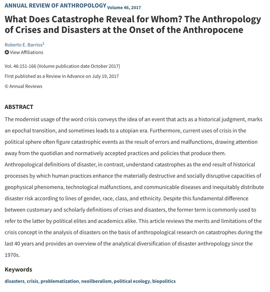 Carin Alejandria (@carinalejandria) on Twitter photo Reading articles for a book chapter on disasters studies methods in Asia Pacific. One of my favorites for this cohort of references is <a href="/RobertoEBarrio1/">Roberto E. Barrios</a> paper in <a href="/AnnualReviews/">Annual Reviews</a>
It’s open access annualreviews.org/content/journa… Reading articles for a book chapter on disasters studies methods in Asia Pacific. One of my favorites for this cohort of references is <a href="/RobertoEBarrio1/">Roberto E. Barrios</a> paper in <a href="/AnnualReviews/">Annual Reviews</a>
It’s open access annualreviews.org/content/journa…