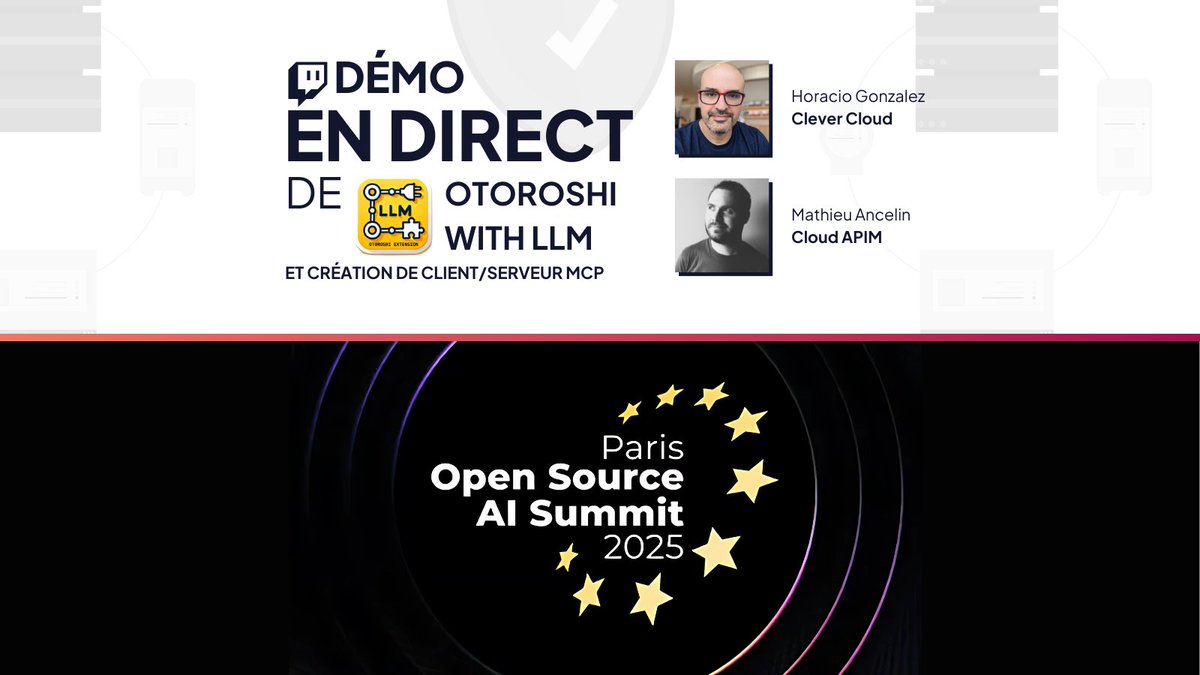 [𝗘𝗩𝗘𝗡𝗧] Retrouvez <a href="/LostInBrittany/">Horacio González 🇪🇺 🥑</a> et <a href="/TrevorReznik/">Mathieu Ancelin</a> de <a href="/CloudApim/">Cloud APIM</a> demain sur Twitch pour notre live sur une nouvelle fonctionnalité d’Otoroshi with LLM  : la création de client et/ou serveur MCP en toute simplicité !

📅 21/01/2025 à 13h00
👉 twitch.tv/clevercloud