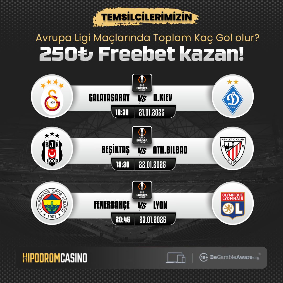 hipodromoffc's tweet photo. ⚽️ #HİPODROMCASİNO'DA AVRUPA LİGİ ÖZEL ETKİNLİK!

🇹🇷 Temsilcilerimizin Avrupa Ligi maçlarında toplam kaç gol olur?

👌 Doğru tahmin et, 250₺ Freebet Kazan! 
#GSvDK #BJKvATH #UEL 

✅ Yorumlarda kullanıcı adını, tahminini bırakarak #hipodromcasino tagı ile 2 arkadaşını etiketle! https://t.co/ubcjrakmVP