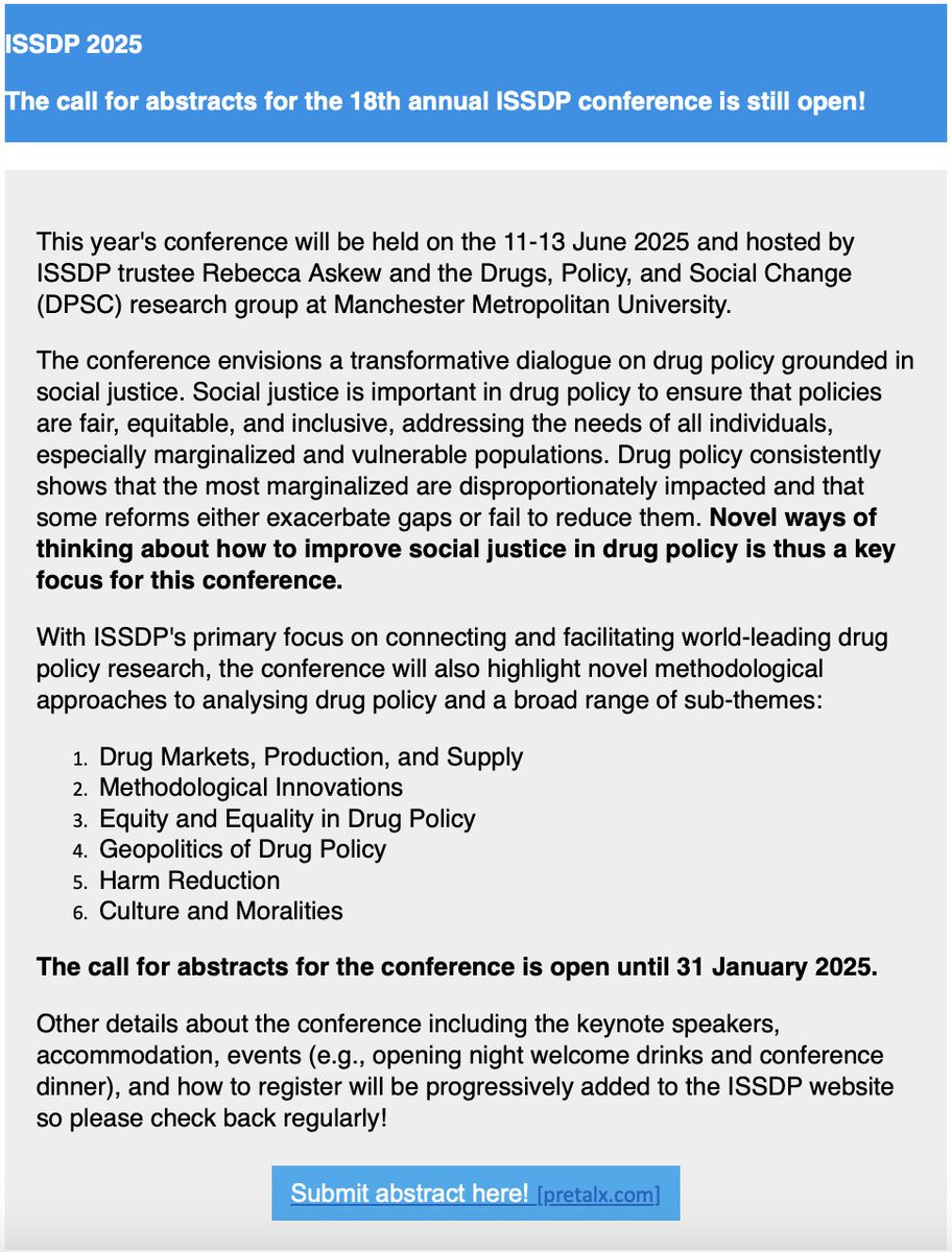 Drugs_NW's tweet image. ISSDP 2025: Call for abstracts open until 31 January!

More information and abstract submission here: pretalx.com/international-…