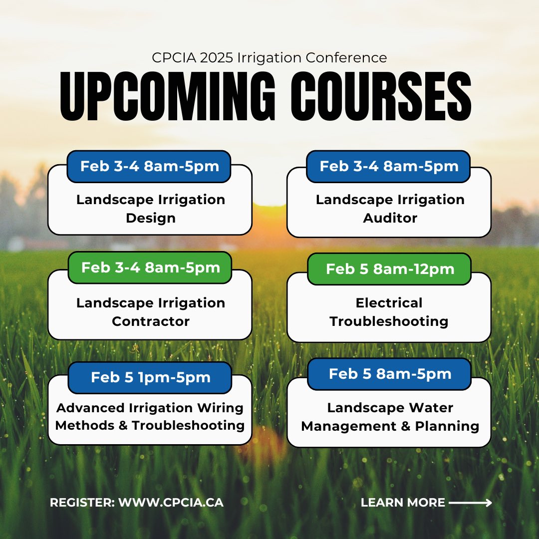 CPCIrrigation's tweet photo. The CPCIA Irrigation Conference is happening February 3-6, 2025. Classes are filling up fast so secure your spot before the registration deadline January 27th! https://t.co/bfKLYcQkHX