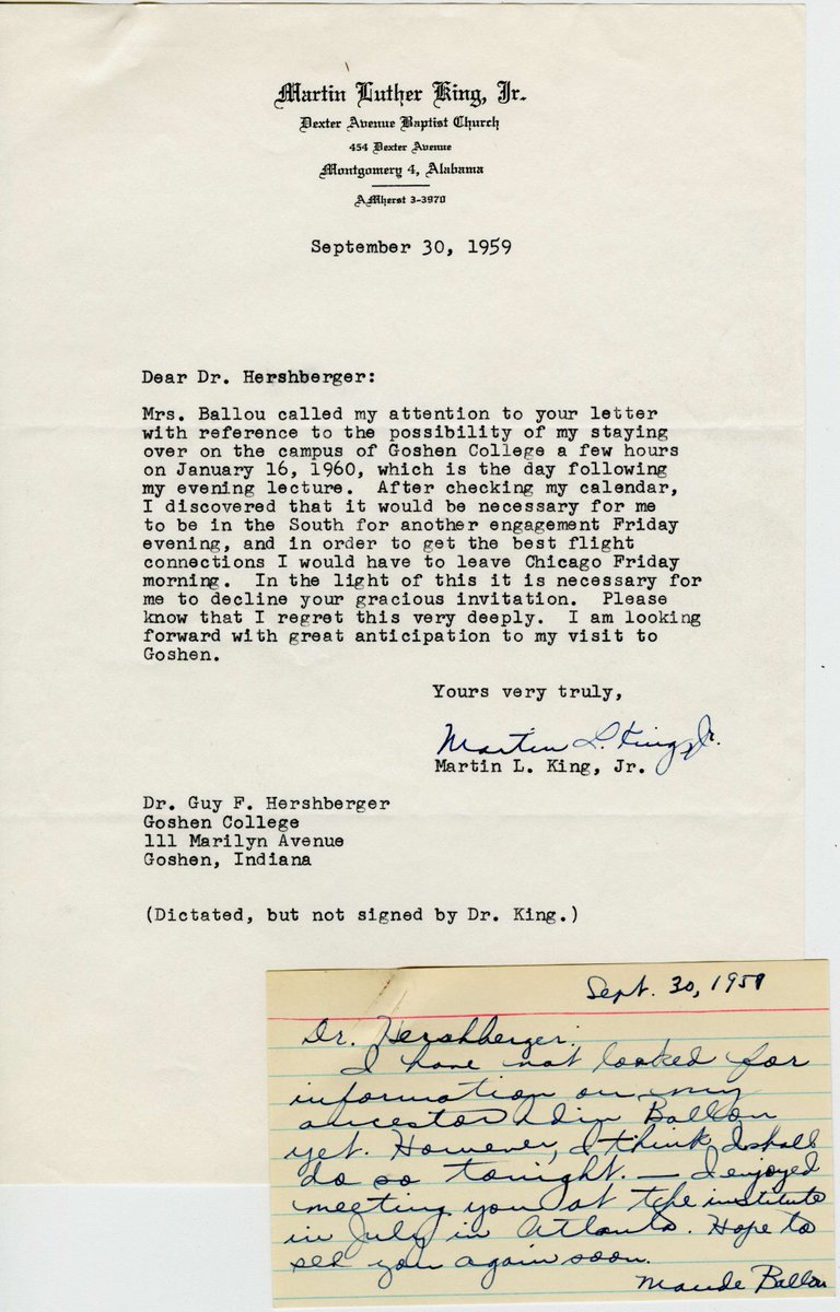 MennonitesUSA's tweet photo. MC USA honors the memory of Rev. Dr. Martin, Luther King Jr. today through a few items from our Archives, including this letter exchange between King and Goshen professor Guy Hershberger. Read more here: https://t.co/akygqao6bb #MLKDay #HistoricalArchives https://t.co/qdkzm7YWyf
