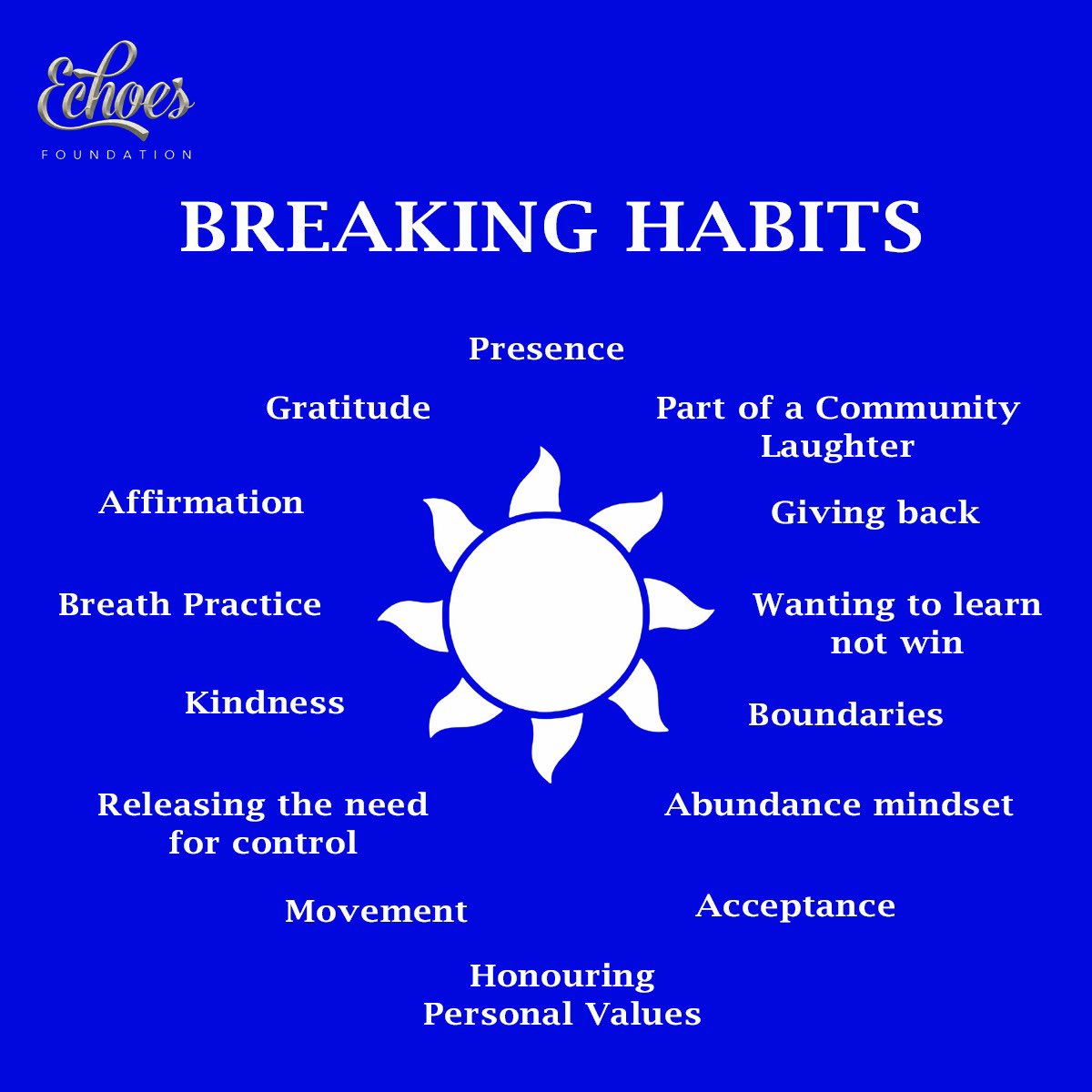 EchoesFoundati1's tweet photo. Breaking old habits starts with small, mindful steps. 🌟 Which one are you practicing today?
Let’s embrace gratitude, kindness, boundaries, and an abundance mindset for a positive transformation!
💙 Share your journey with us in the comments! #BreakingHabits #EchoesFoundation https://t.co/fE3d5ytE17