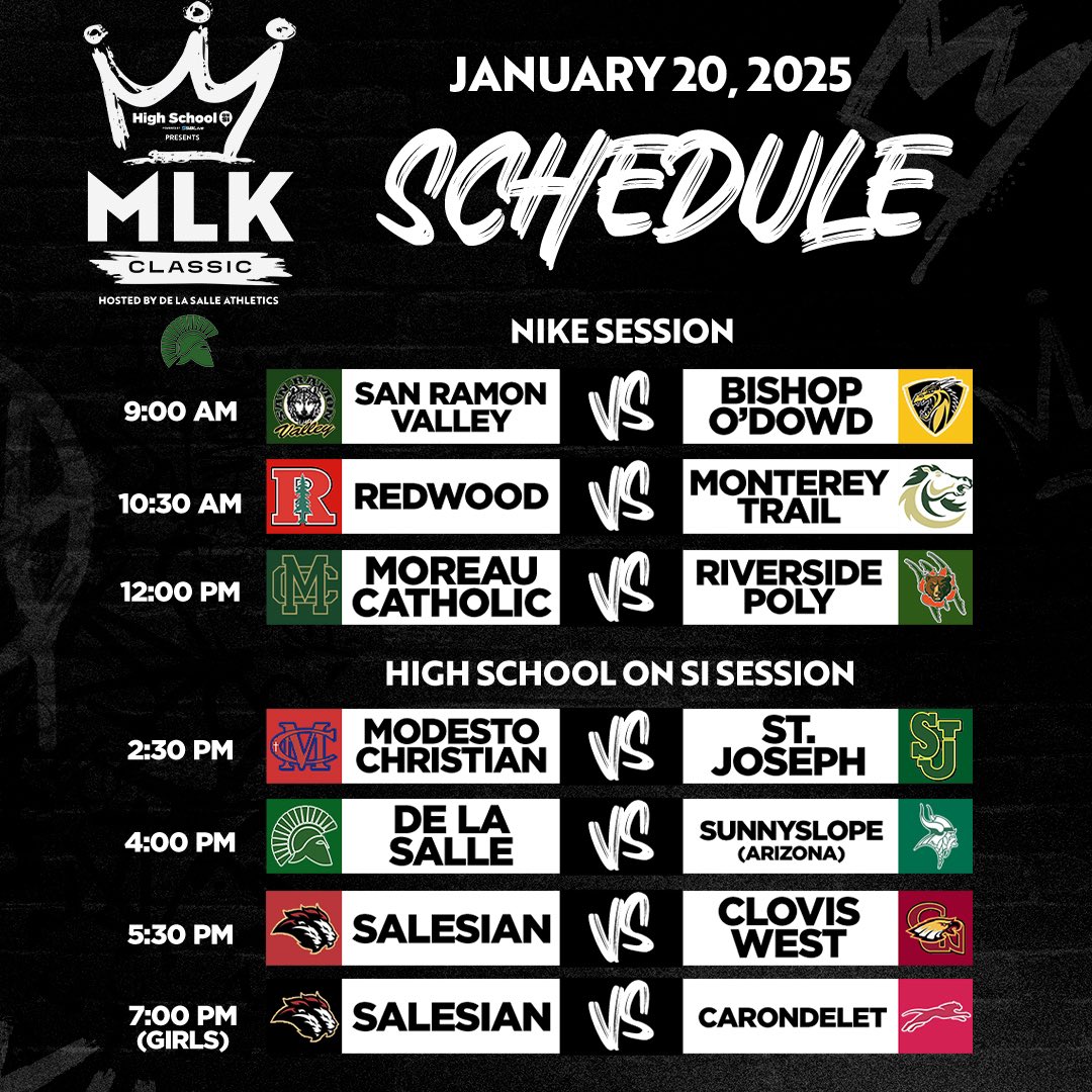 🏀 Game Day 🏀
MLK Classic at De La Salle 
🆚 Redwood
📅 Monday, January 20th
📍 De La Salle HS 1130 Winton Dr Concord, CA
⏰ Varsity only  10:30am
📺 💻 NFHS Network
🎟️ GoFan

💚🖤🐎 #AlwaysUs #weareMT