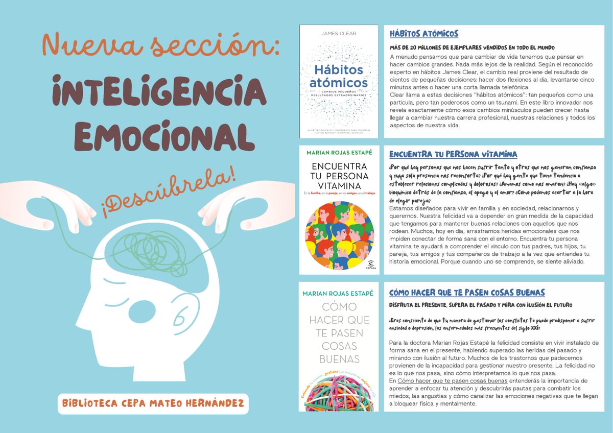 🌟NOVEDAD EN NUESTRA BIBLIOTECA 🌟
El #CEPA_Mateo Hernández sigue innovando con el plan de #Bibliotecas2030 📚
 Estrenamos la Sección Inteligencia Emocional para potenciar bienestar personal.💕💪  
¡Te esperamos! 
Ven, descubre, y empieza a transformar tu vida desde dentro. 🌈