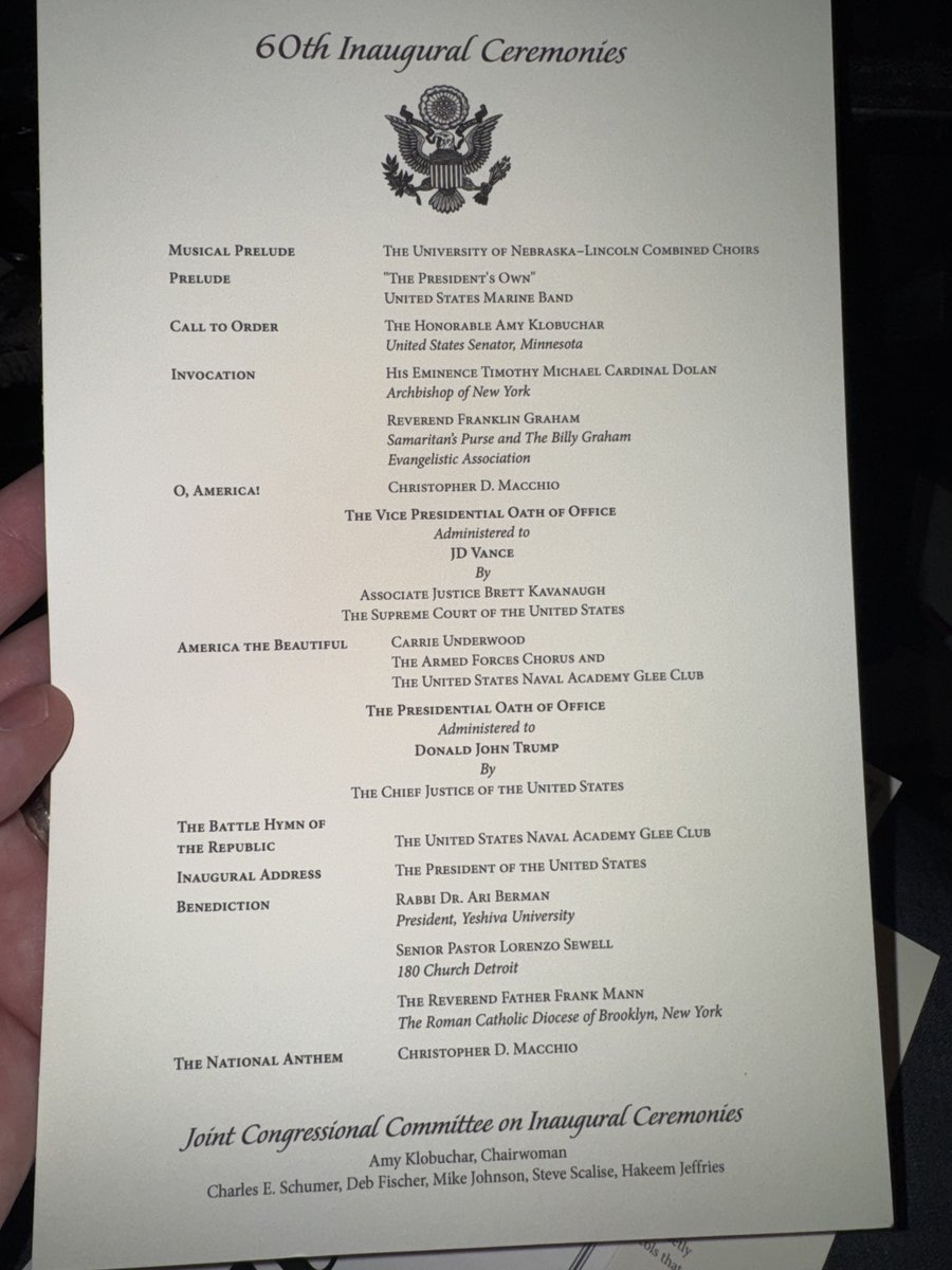 USRepMikeFlood's tweet photo. Check this out - quite the lineup. Our very own @UNLincoln choir kicks off the inaugural ceremonies followed by @CardinalDolan, @Franklin_Graham, @carrieunderwood, and more. https://t.co/pA4JqYms3N