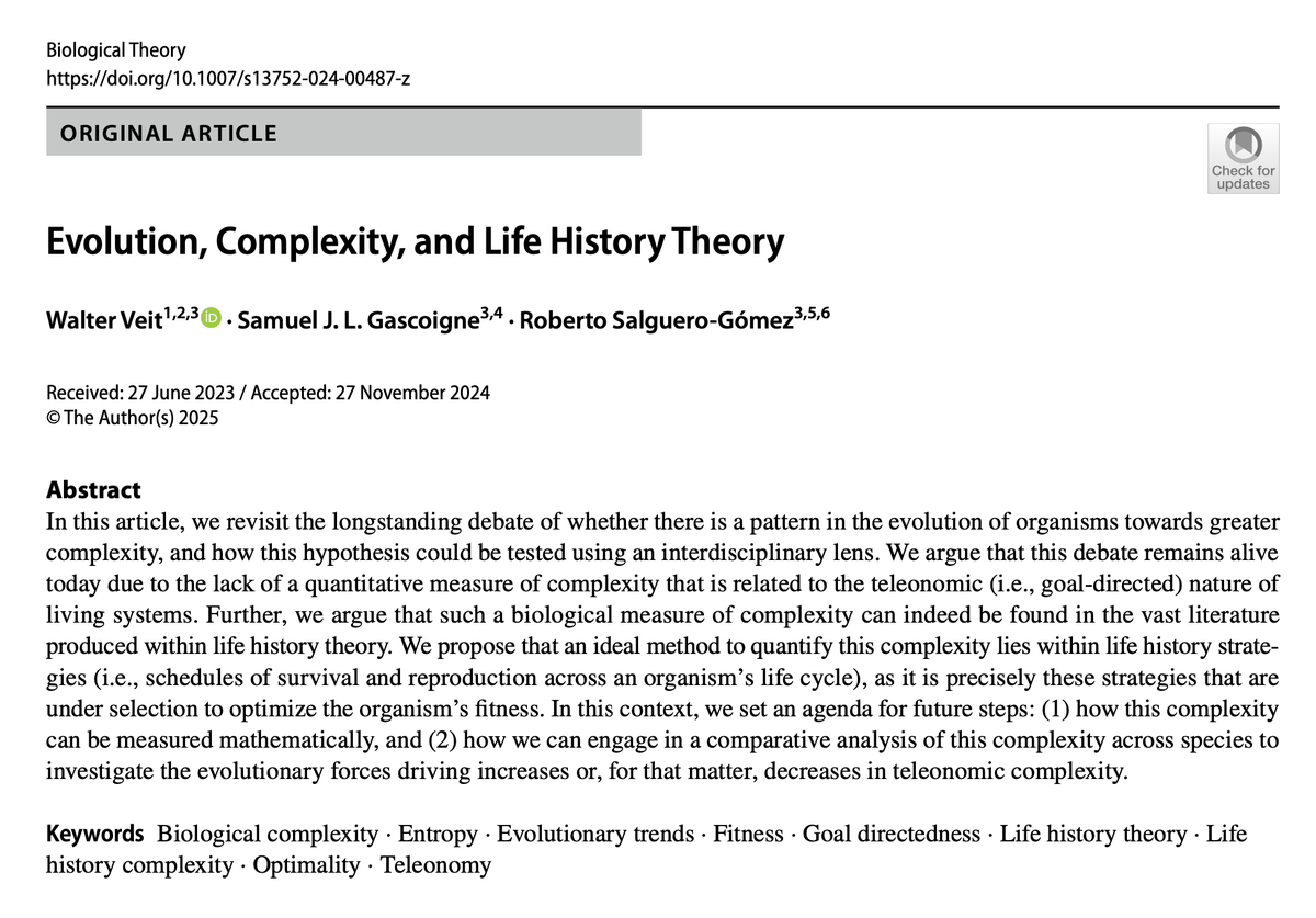 Biological Theory (@bioltheory) on Twitter photo ➡️New article out⬅️
"Evolution, Complexity, and Life History Theory"
by Walter Veit, Samuel J. L. Gascoigne & Roberto Salguero‑Gómez
Open access: rdcu.be/d6VoG
<a href="/wrwveit/">Dr. Walter Veit</a> ➡️New article out⬅️
"Evolution, Complexity, and Life History Theory"
by Walter Veit, Samuel J. L. Gascoigne & Roberto Salguero‑Gómez
Open access: rdcu.be/d6VoG
<a href="/wrwveit/">Dr. Walter Veit</a>