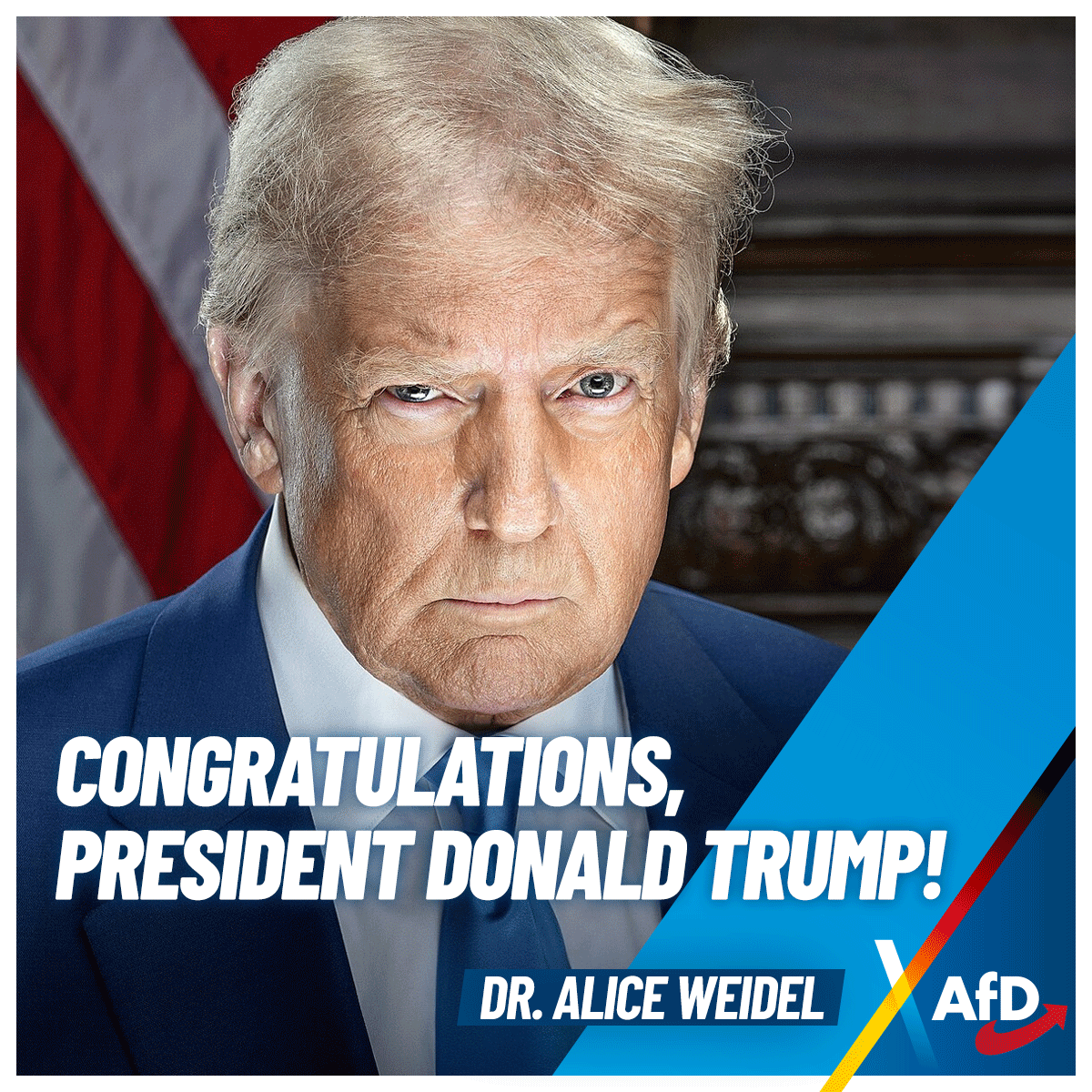 Alice_Weidel's tweet photo. I warmly congratulate President Donald Trump on his successful inauguration. I wish @realDonaldTrump and the citizens of America much success and God’s blessing on their path. https://t.co/qEK3yuj0c9