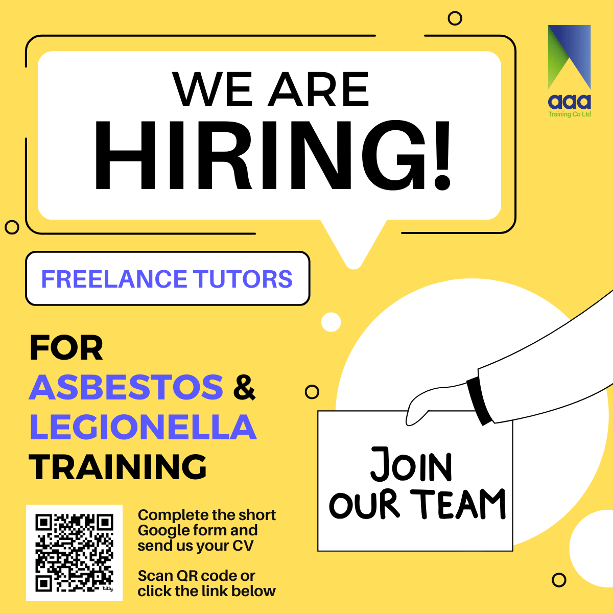 🚨 We're Hiring! 🚨

Got 5+ yrs experience in asbestos or legionella? Passionate about teaching? Join AAA Training as a freelance tutor! 

✅ Flexible work 
✅ Competitive pay 
✅ UK &amp; overseas travel

📧 Apply now: forms.gle/wwyZrcWsxHDK5E…
#BOHS #Asbestos #Legionella #JoinOurTeam