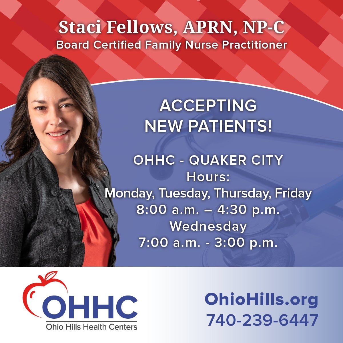 Are you looking for a new Provider? Staci Fellows is accepting new patients. Staci is caring, compassionate and will listen to your concerns. Call 740-239-6447 to schedule an appt.