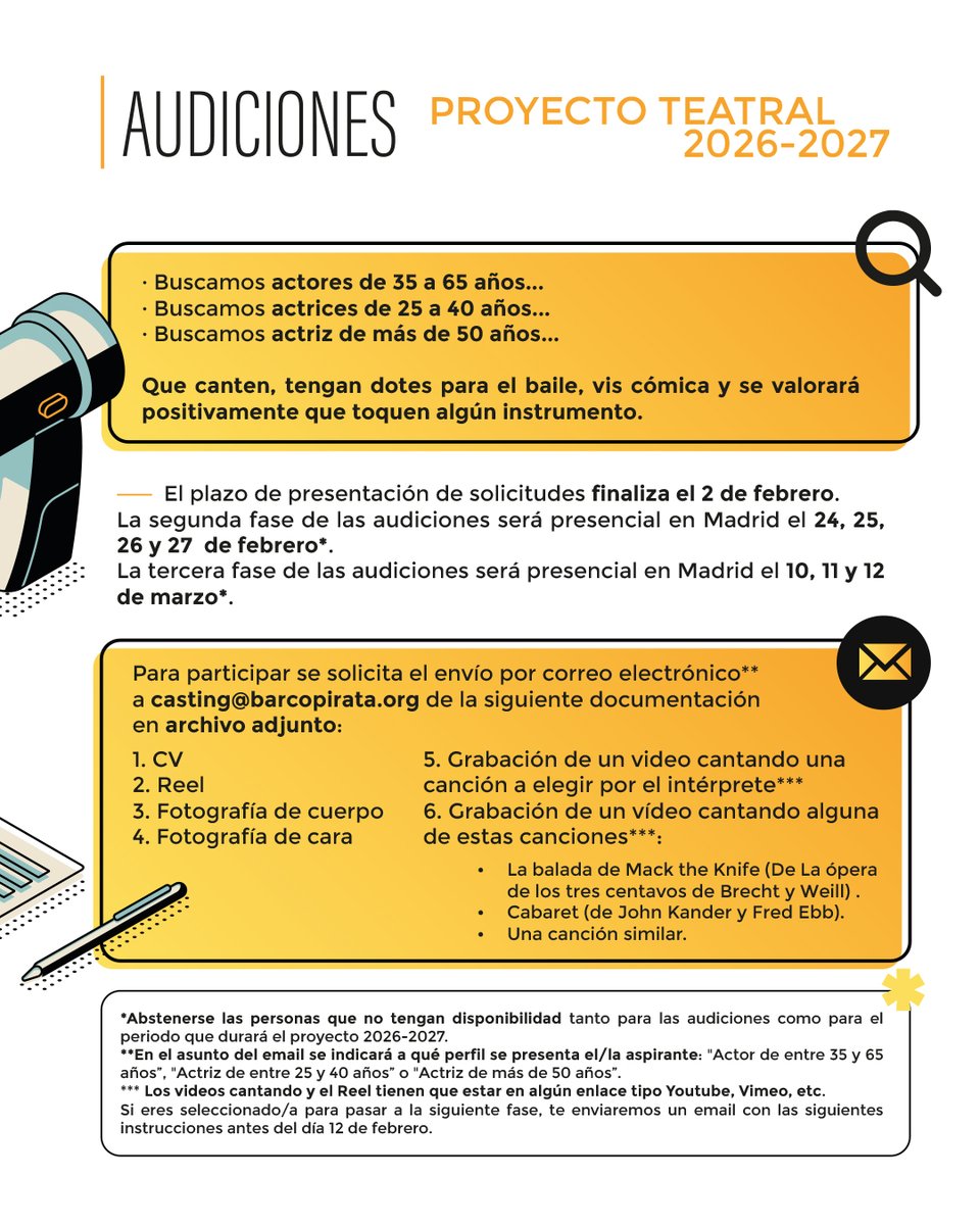 📣 ABRIMOS CASTING‼️
Barco Pirata y unahoramenos Producciones convocan audiciones en busca de:

Actores de 35 a 65 años
Actrices de 25 a 40 años
Actriz de + de 50 años

Para un proyecto teatral que se desarrollará en 2026-27
*Toda la info está en la imagen 🏴‍☠️
#audiciones #casting