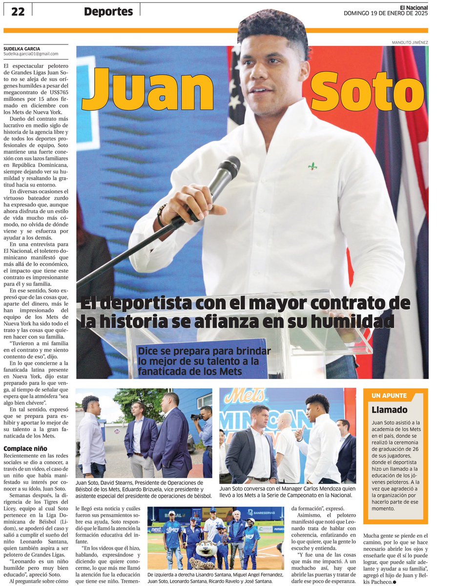 Dueño del contrato más lucrativo, Juan Soto mantiene una fuerte conexión con sus lazos familiares en RD, siempre dejando ver su humildad y resaltando la gratitud hacia su entorno. ⚾️👏🏽 🇩🇴 

ow.ly/KQYI50UJ8WC

<a href="/JuanSoto25_/">Juan José Soto Pacheco</a> <a href="/Mets/">New York Mets</a> <a href="/LosMets/">Mets de Nueva York</a> <a href="/TigresdelLicey/">Tigres del Licey</a> <a href="/MLBDominicana/">MLB Dominicana</a>