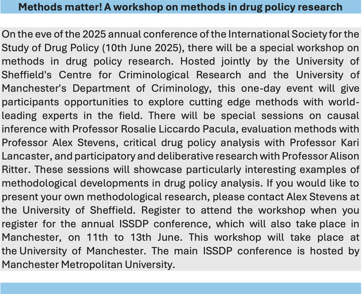Drugs_NW's tweet image. Methods matter! A workshop on methods in drug policy research 

As part of the 18th annual ISSDP conference 

10 June 2025 at the University of Manchester

Register to attend when you register for the ISSDP conference: issdp.org/conferences-an… [issdp.org]