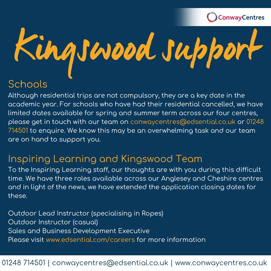 conwaycentre's tweet photo. Following on from the news that Kingswood have entered administration and closed 7 residential centres, we join the School Travel industry in sending our deepest thoughts to the staff and schools that have been impacted. Whilst you navigate this time, we are here to support you. https://t.co/8MG6H9cEpy