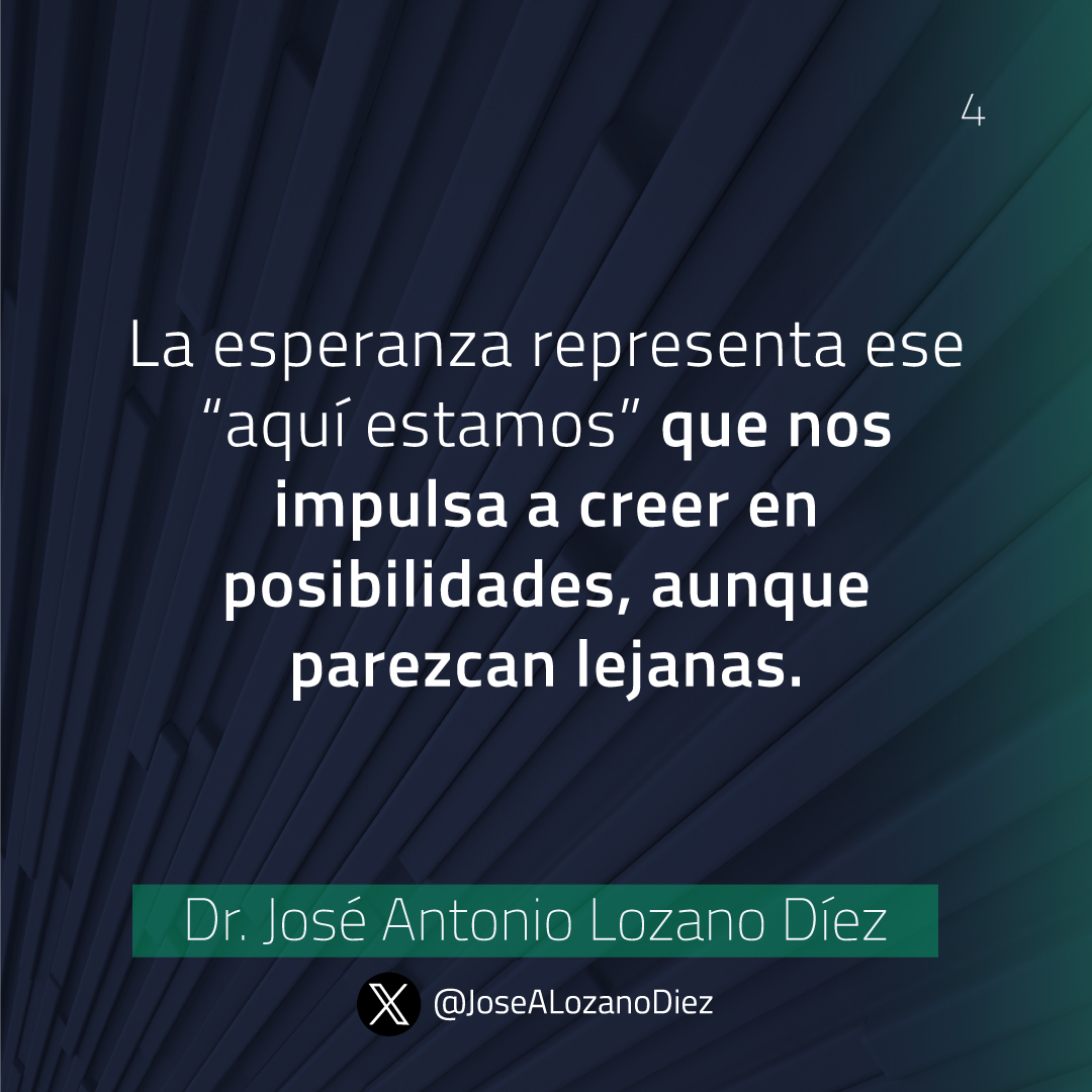 JoseALozanoDiez's tweet photo. La esperanza es esencial y debe ser lo último que perdamos. Sin importar cuán difíciles sean las circunstancias, nos brinda la fuerza interior para enfrentar las crisis y seguir adelante. Representa ese “aquí estamos” que nos impulsa a creer en posibilidades, incluso cuando parecen lejanas. Mantenerla viva es vital, porque sin ella solo queda el mero sobrevivir; con esperanza, siempre existe una razón para avanzar. #Esperanza