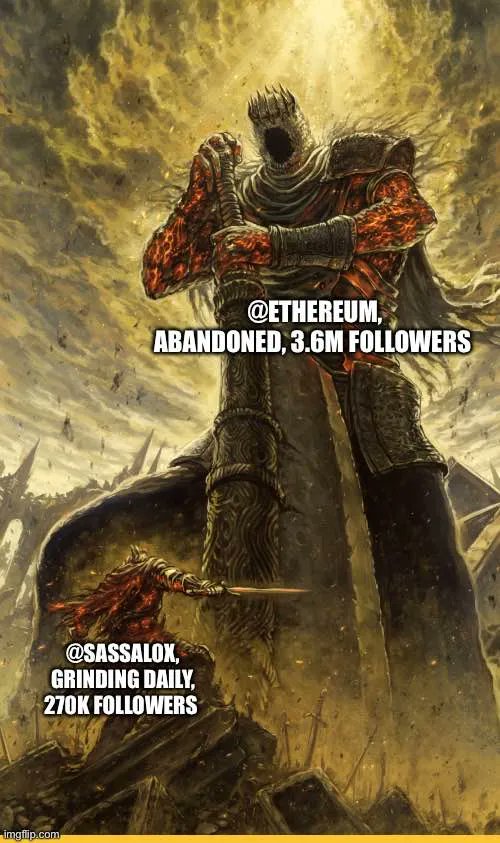 i think that <a href="/sassal0x/">sassal.eth/acc 🦇🔊</a> should run the <a href="/ethereum/">Ethereum.org</a> account

he has been bullish ethereum for years, has been grinding hard, and has mostly good takes.  he can take bigger shots than EF employees can.  if it werent for his australian accent, hed be the perfect candidate.