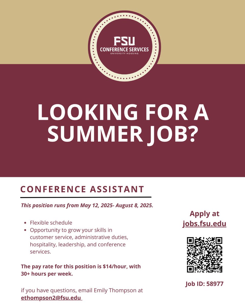 Join our team as a Conference Assistant this Summer! Help us make our Summer camps &amp; conferences season at FSU unforgettable. Apply now! #summerjob #fsu #fsusummer #workoncampus #workwithus #workatfsu