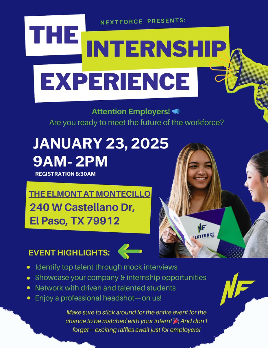 Attention Employers! 📢 Join us at The Internship Experience on January 23, 2025 from 9 AM to 2 PM.

Stick around for exciting raffles and a chance to be matched with your next intern! 🎉  

#InternshipExperience #FutureWorkforce #CareerGrowth #NetworkingEvent #ElPasoEvents
