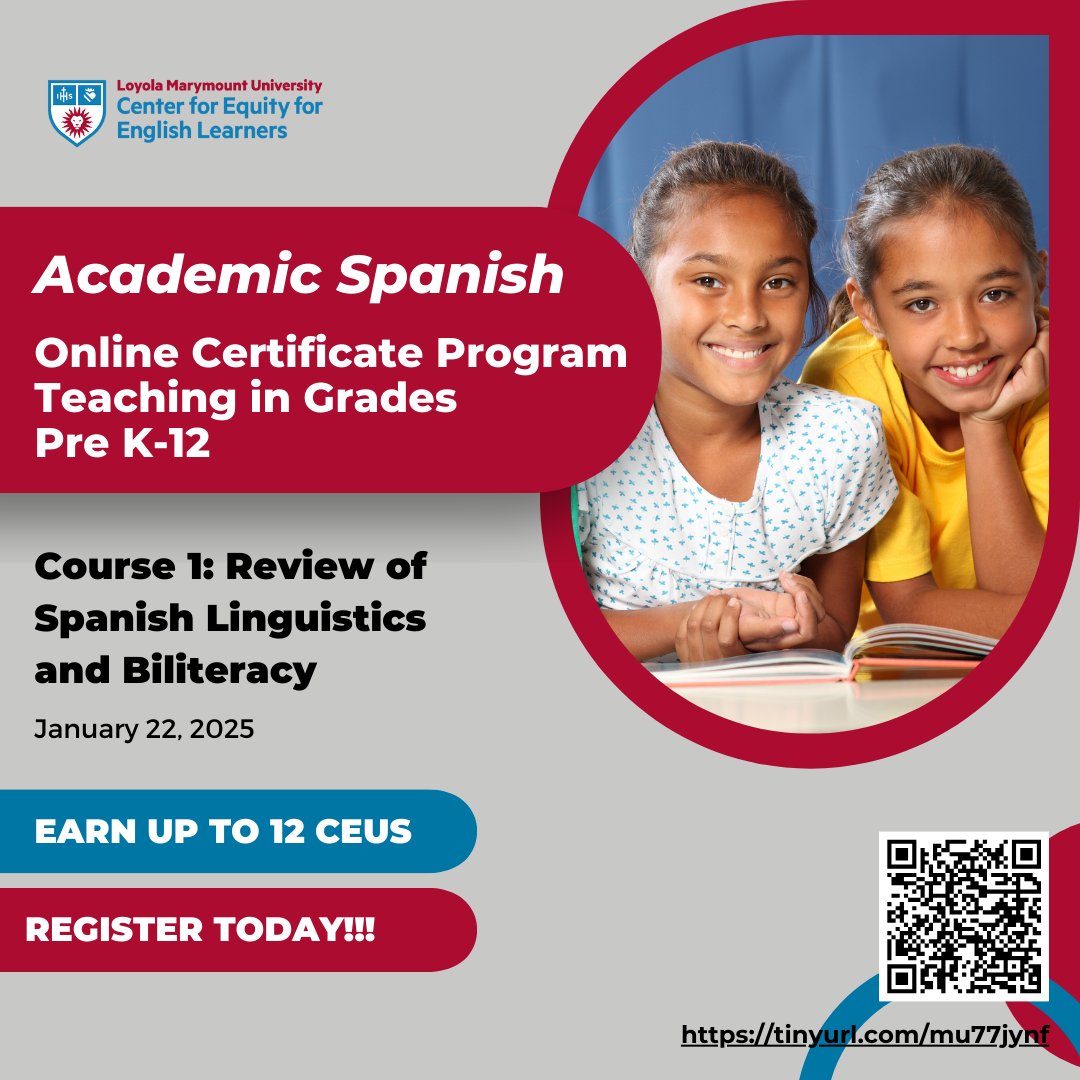 CEEL's Academic Spanish course, Course 1: Review of Spanish Linguistics and Biliteracy, is now accepting registrations for 2025! 

The course runs from January 15 to March 12, 2025. 

 Register: registration.xendirect.com/lmuextension/c…