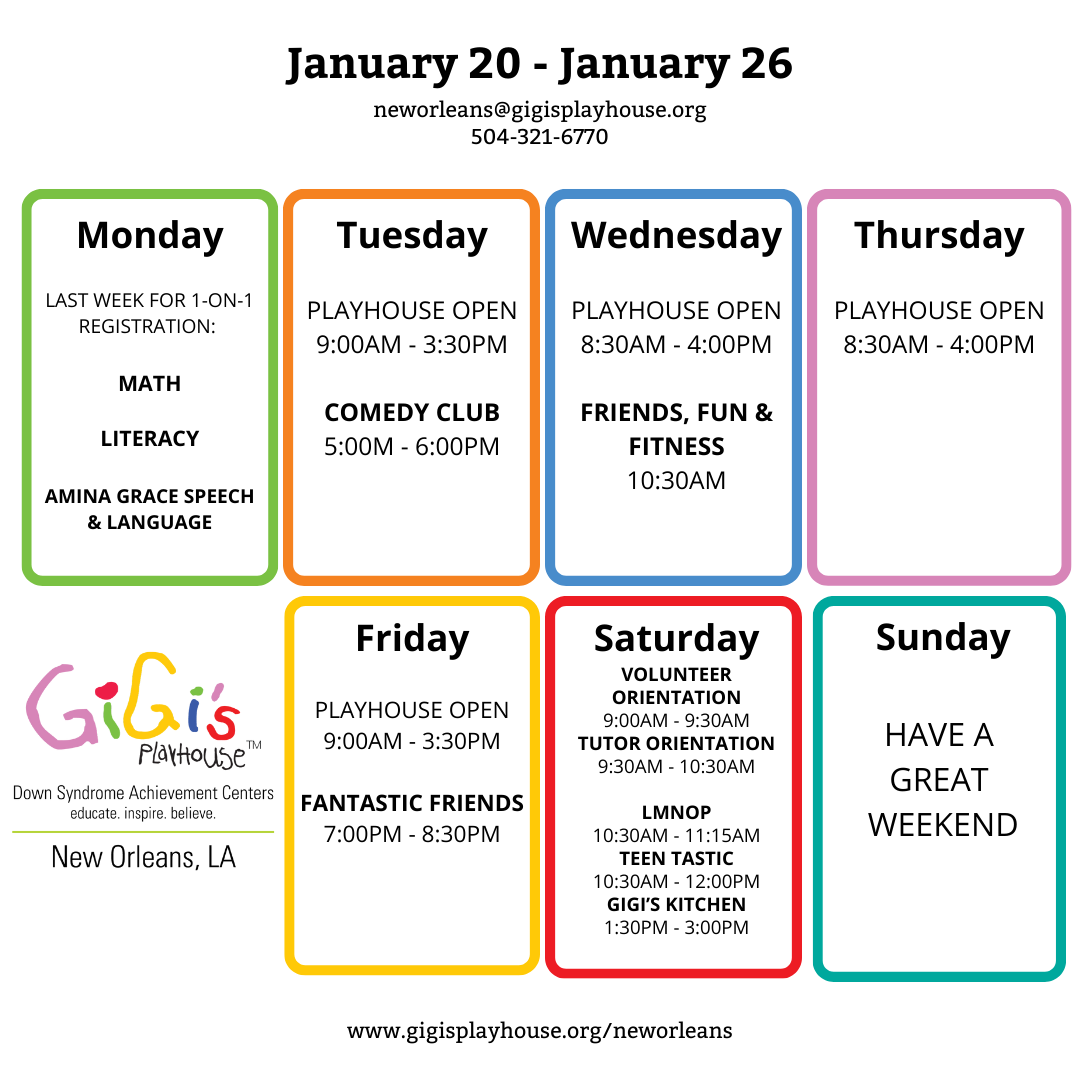 GiGisNewOrleans's tweet photo. 🌟 This Week at GiGi’s Playhouse NOLA! 🌟
From skill-building to fun and connection, we’ve got a week full of purposeful programming waiting for you!

💻 Register through our online now: https://t.co/rgknqDWKbv

#GiGisPlayhouseNOLA #WeeklyProgramming #InclusionMatters https://t.co/WNxMKMrlk7