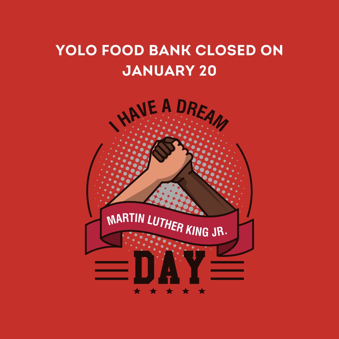 Today, Yolo Food Bank’s operations facility will be closed and our food assistance programs will be paused in observance of Martin Luther King Jr. Day. Do you or does someone you know need access to free food? Call us at 530-668-0690 or find more details yolofoodbank.org/findfood