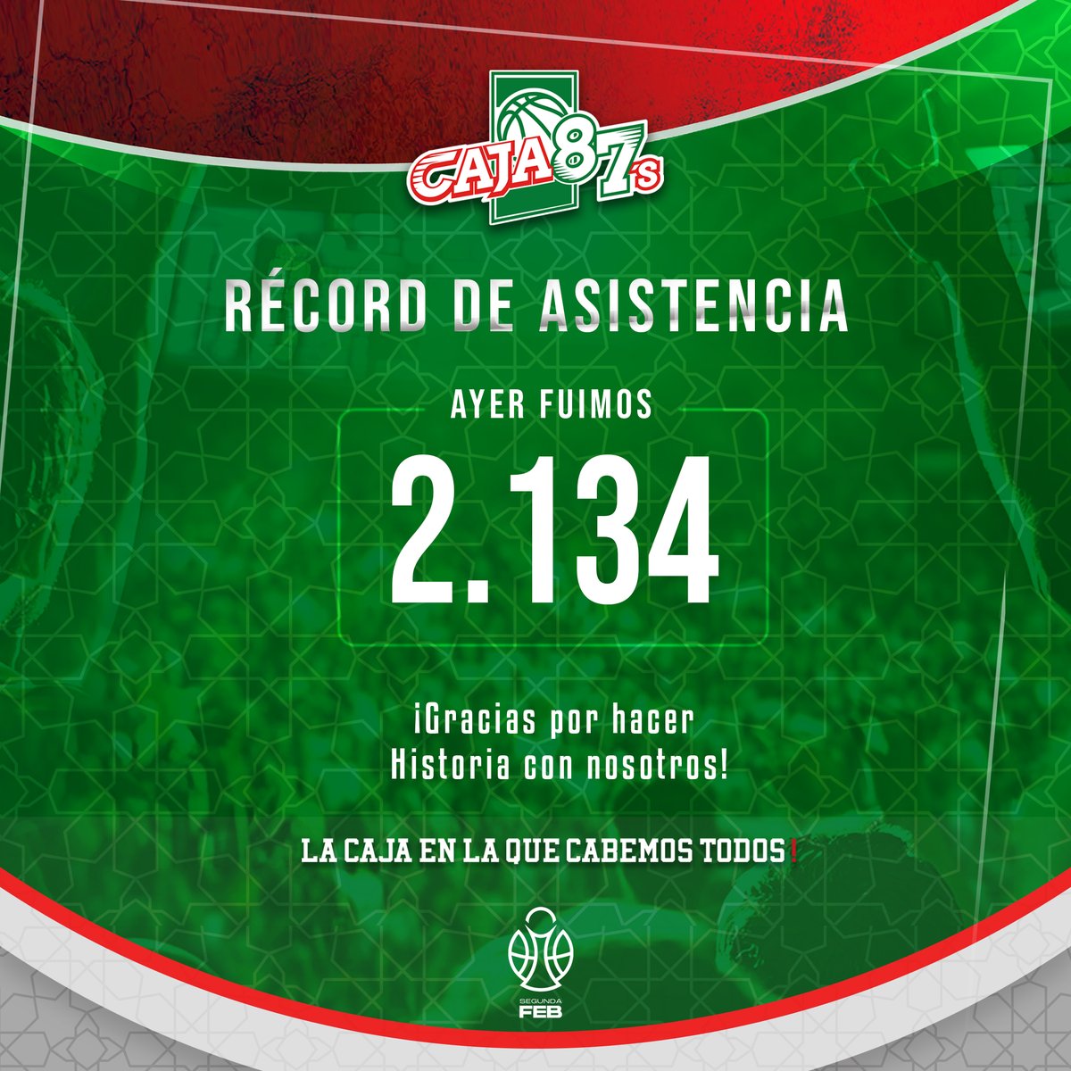 caja87basket's tweet photo. 🏆 ¡Hicimos historia!

Ayer, el Insolac Caja 87 vibró como nunca con 2,134 asistentes, rompiendo nuestro récord en San Pablo. 🎉🙌

Gracias por llenar el pabellón de energía, pasión y magia. Esto no sería posible sin ti. 🫶✨ https://t.co/n3lFHt2fmt