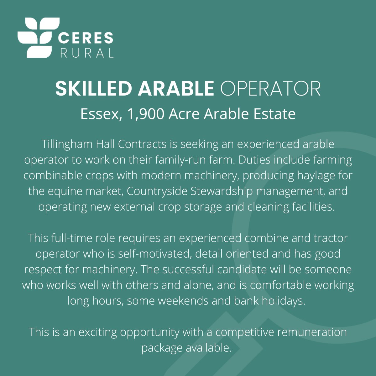ceresrural's tweet image. Our client, Tillingham Hall Contracts, seeks an experienced #ArableOperator for their 770 hectare #farm based in South Essex. To apply, send your CV &amp;amp; covering letter to: office@chbird.co.uk or contact Rob Bird 07879525756 for more info. #JobsInAgriculture #FarmingJobs #RuralJobs