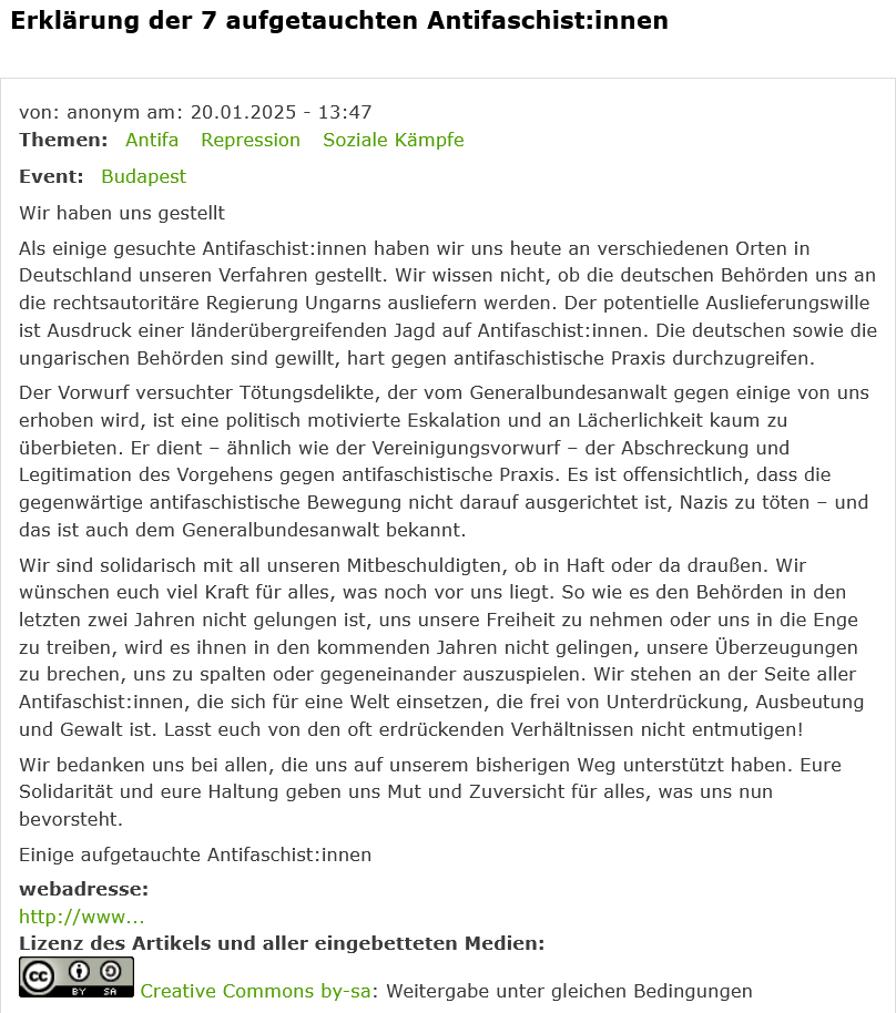 datawrangler2's tweet photo. @EdLopez86 Erklärung der 7 aufgetauchten Antifaschist:innen
Indymedia:anonym am 20.01.2025 -13:47
»Wir haben uns gestellt«
https://t.co/H5LKbMLZ7f #b2001
.
#Budapest Soli: Ein erstes #Statement zu den Ereignissen am 20.1.25
Indymedia:[BASC] am 20.01.2025 -12:14
https://t.co/Ep6FxNO4Xy #soli https://t.co/5NZQB3MdPL