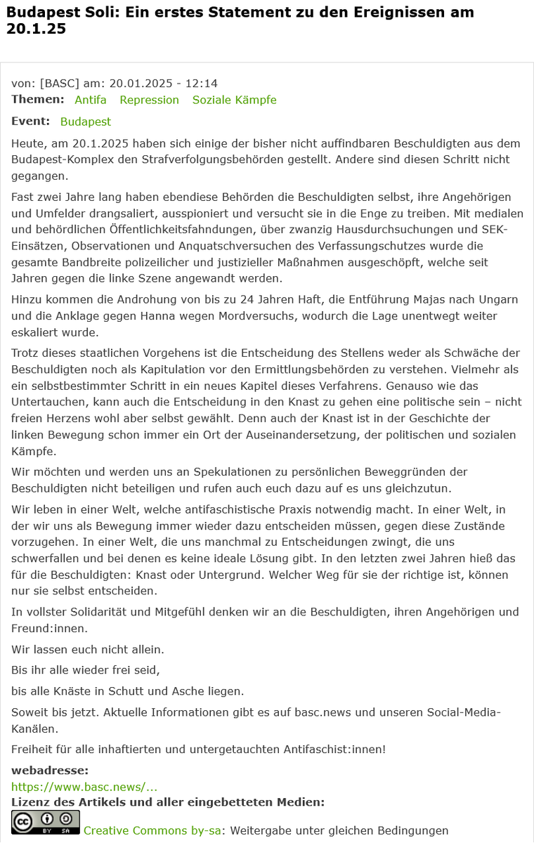 datawrangler2's tweet photo. @EdLopez86 Erklärung der 7 aufgetauchten Antifaschist:innen
Indymedia:anonym am 20.01.2025 -13:47
»Wir haben uns gestellt«
https://t.co/H5LKbMLZ7f #b2001
.
#Budapest Soli: Ein erstes #Statement zu den Ereignissen am 20.1.25
Indymedia:[BASC] am 20.01.2025 -12:14
https://t.co/Ep6FxNO4Xy #soli https://t.co/5NZQB3MdPL