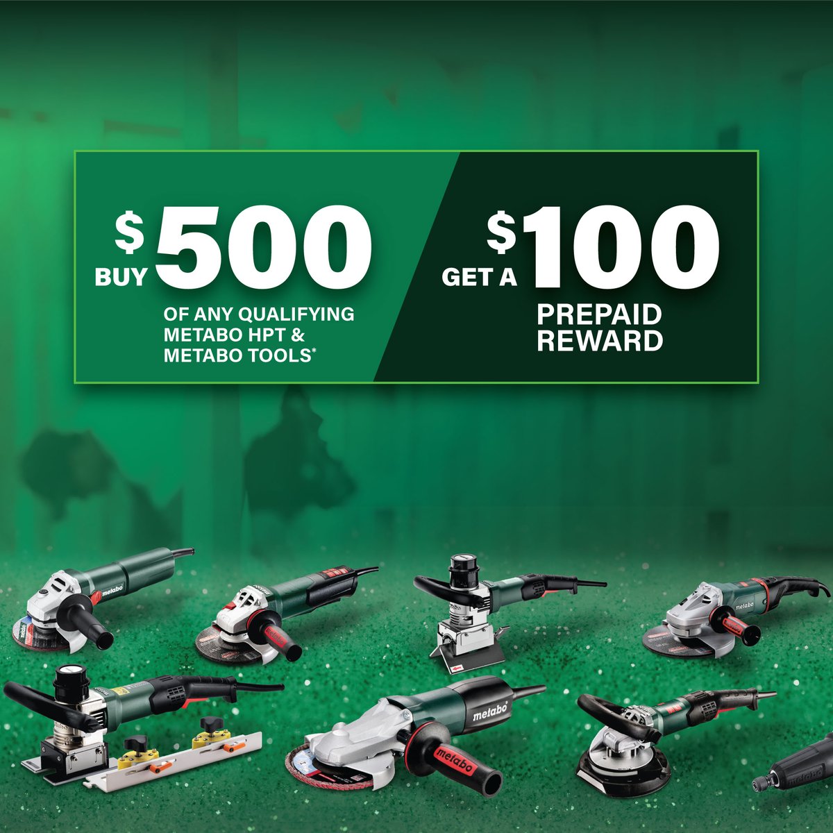 When you spend $500 on Metabo tools between Jan 20 and Feb 28, 2025, you’ll earn a $100 virtual gift card.
It’s simple: purchase your tools, submit your receipt and get rewarded. 
Over 350 tools qualify
👉 Learn more and start building smarter at metabohptrewards.com.