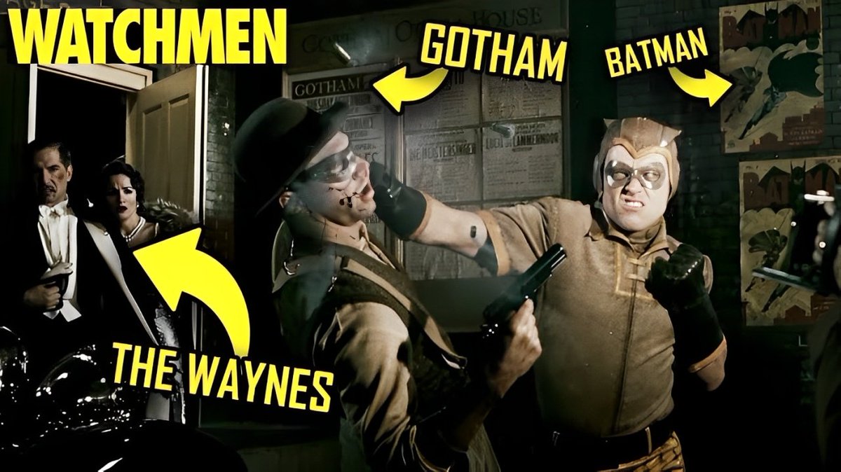 CageValley's tweet image. In the opening of Watchmen, the original Nite Owl intervenes to save Thomas and Martha Wayne from a criminal near the Gotham Opera House. This act prevents, in the timeline of this universe, Bruce Wayne from experiencing the tragedy that would have led him to become Batman.