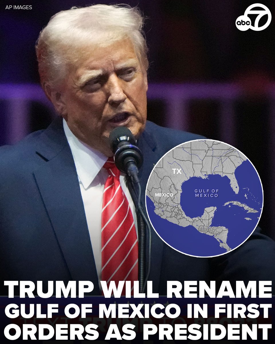 ABC7's tweet photo. Among the first executive orders set to be signed by President-elect Donald Trump will be an order to rename the Gulf of Mexico as the "Gulf of America." https://t.co/ux3p0NnmzK https://t.co/IO6gcQ47iI