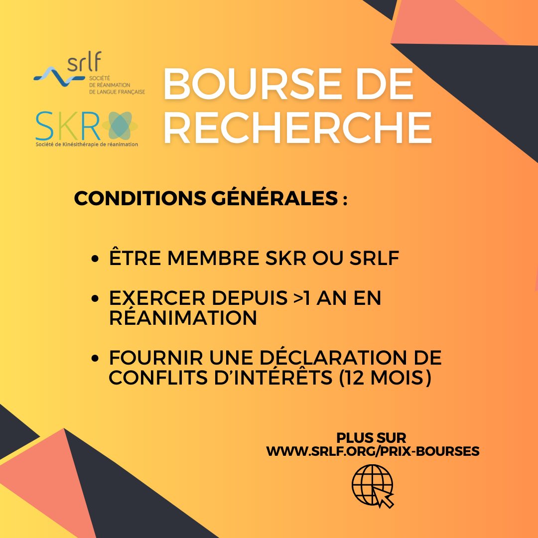 🔎 La Société de Réanimation de Langue Française et la Société de Kinésithérapie de Réanimation s’associent pour proposer une bourse d’un montant de 10.000€.

Vous retrouverez toutes les informations nécessaires concernant les critères et conditions générales sur nos webs 🧑‍💻