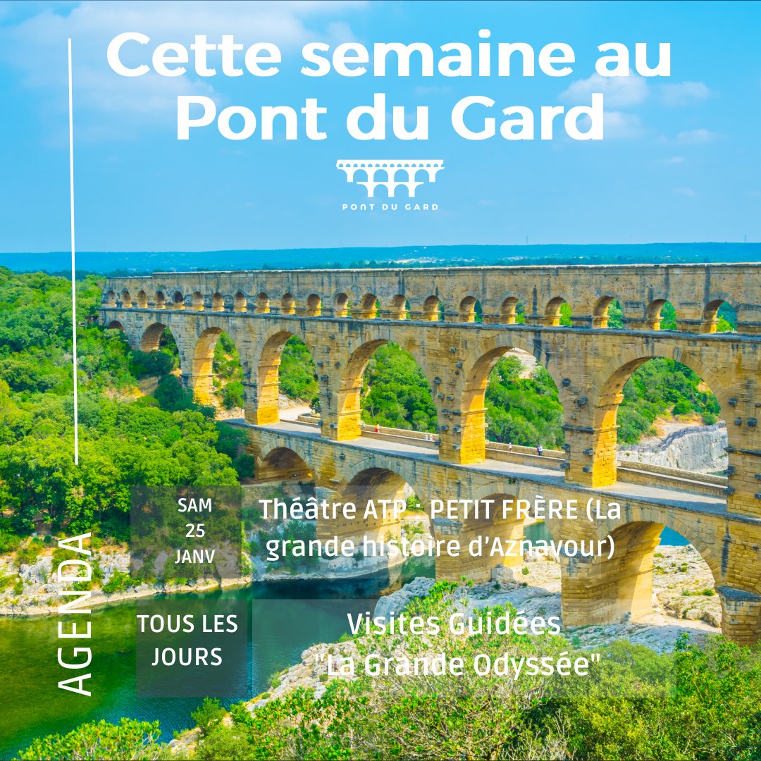 pontdugard's tweet image. #CetteSemaineAuPontDuGard📣
🎭Théâtre : PETIT FRÈRE (La grande histoire d’Aznavour) ; sam 25 janv à 17h
➡️ Visite guidée : la Grande Odyssée (tous les jours)
Sans oublier les espaces de découverte (Musée, Ciné et Ludo)
Tous les jours sauf le lundi matin
👉pontdugard.fr