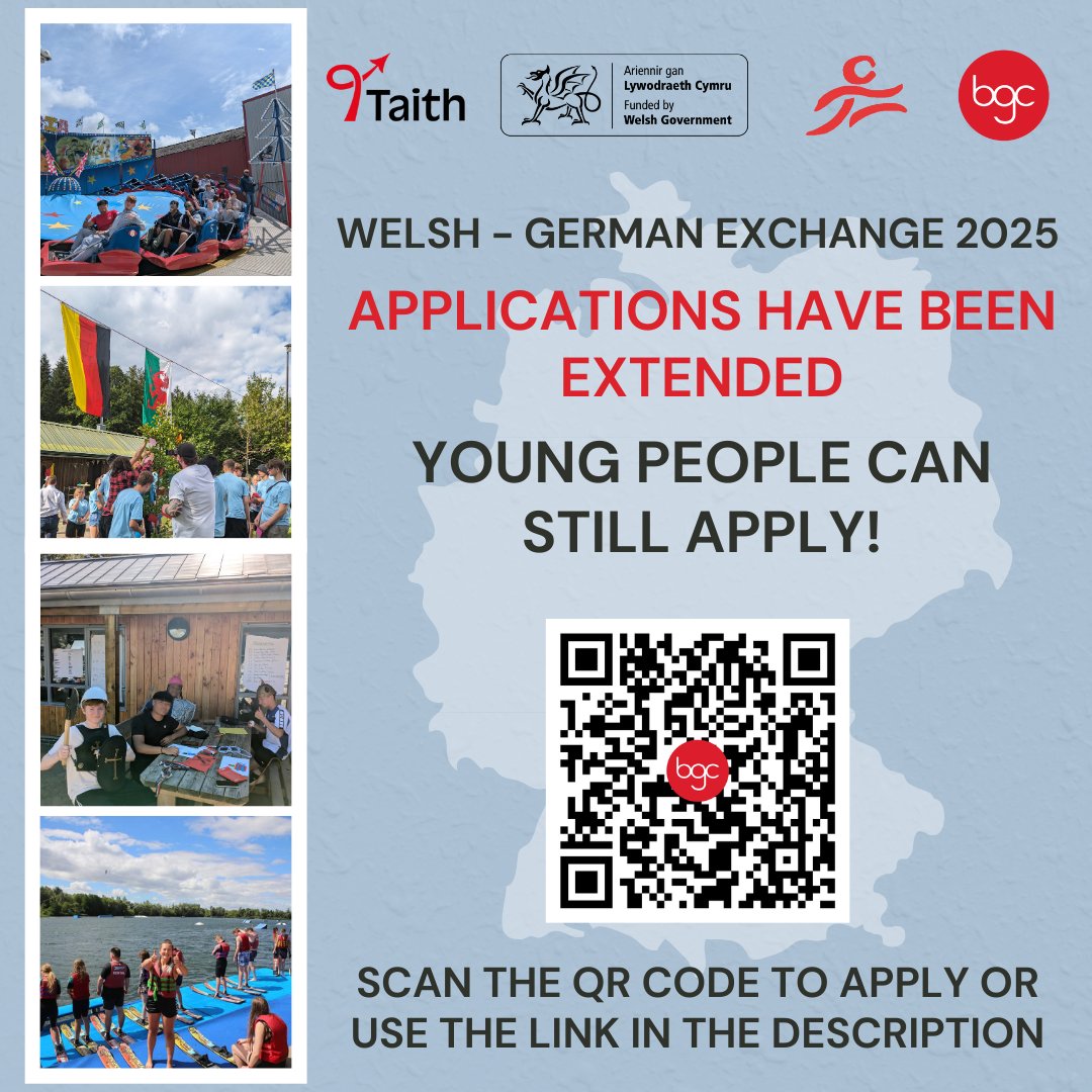 Applications are still open! 🇩🇪🏴󠁧󠁢󠁷󠁬󠁳󠁿

Young people have until Wednesday 22nd to apply for this brilliant opportunity! 

Don't miss out! Apply using the QR code or with this link: forms.gle/FvduBt1D6NDeTM… 

<a href="/TaithWales/">Taith</a>