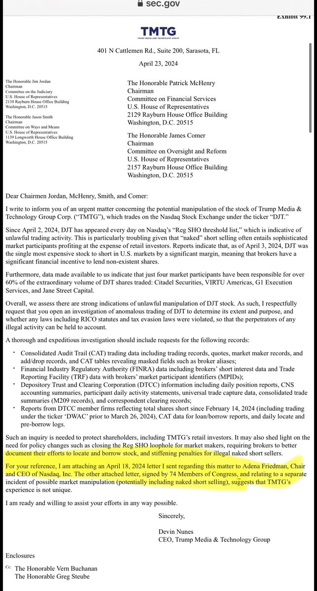 fakeshares505's tweet photo. @RepJamesComer @DevinNunes @JDVance 

Referencing our open letter, it serves as an example of potential stock counterfeiting. 

Why on earth haven't you simply requested a broker share count through a subpoena? As the chair of @GOPoversight, you have that authority.

What’s the hold-up? https://t.co/tgJij9KHk1