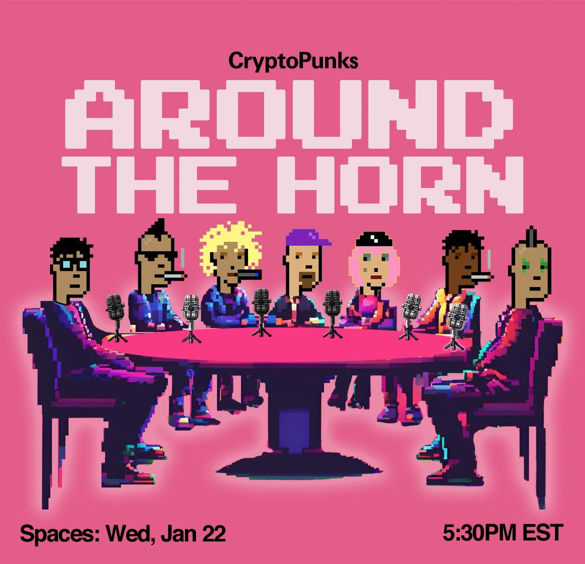 🎙️ CRYPTOPUNKS AROUND THE HORN

→ When: 1/22 @ 5:30pm ET
→ Where: Twitter Spaces
→ What: Punks builders, @Base, $TRUMP, and more!

Speakers, from left to right: <a href="/valko/">valko</a>, <a href="/sebaudet26/">seb ⚡️</a>, <a href="/jessepollak/">jesse.base.eth</a>, <a href="/oldschool711/">OldSchoolFromTexas</a>, <a href="/punk9059/">Stats</a>, <a href="/0xQuit/">Quit</a>, <a href="/marka_eth/">marka</a>.

🔔 SET REMINDER BELOW ↓