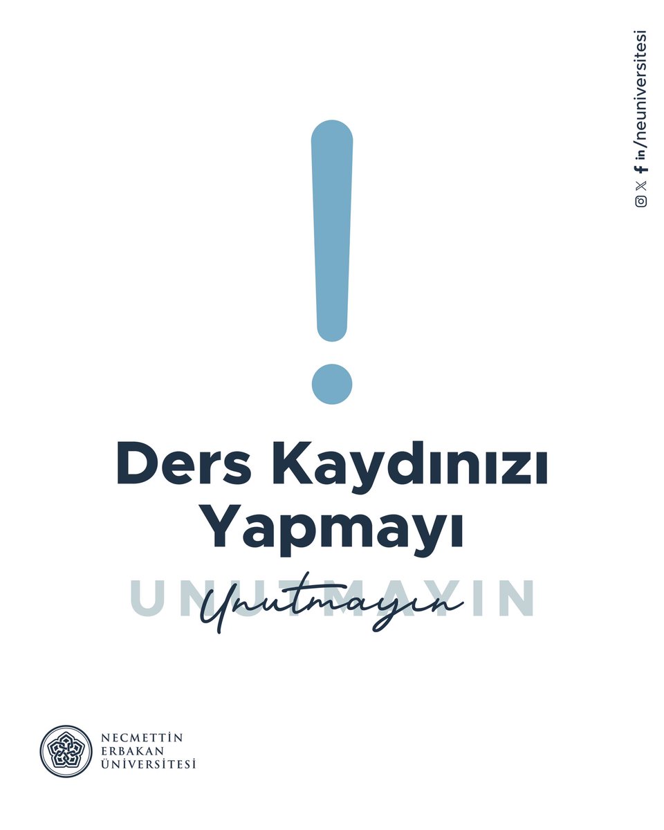 Değerli #NEÜ’lüler, 

2024-2025 Eğitim-Öğretim Yılı Bahar Dönemi ders kaydı için son gün 🗓24 Ocak 2025.

Geç kalmadan ders kaydınızı yapmayı unutmayın.😊