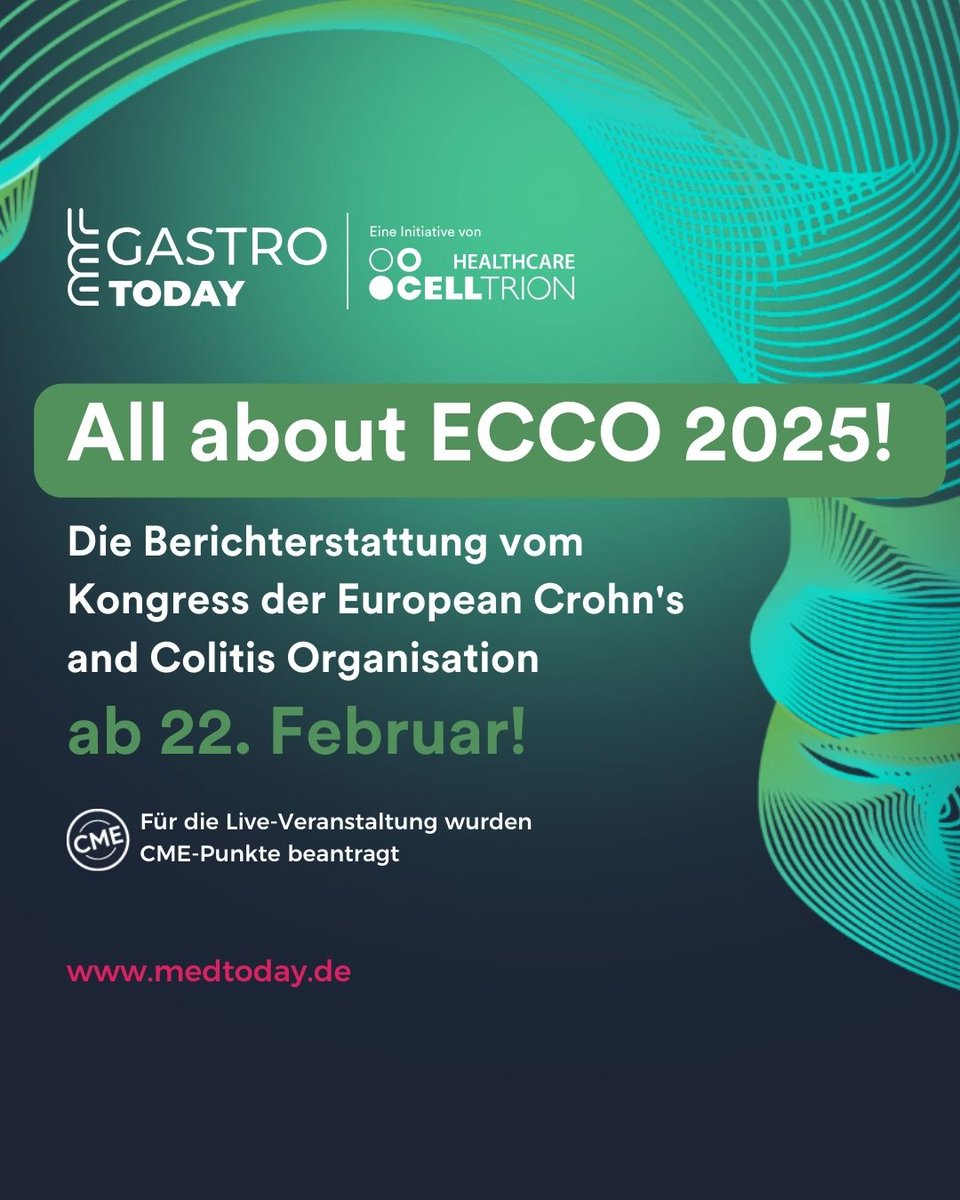 Erleben Sie am 22. Februar Gastro Today live vom #ECCO 2025 aus Berlin! Melden Sie sich jetzt kostenfrei auf #medtoday.de an und sammeln Sie Ihre CME-Punkte mit unserem abwechslungsreichen Live-Programm.